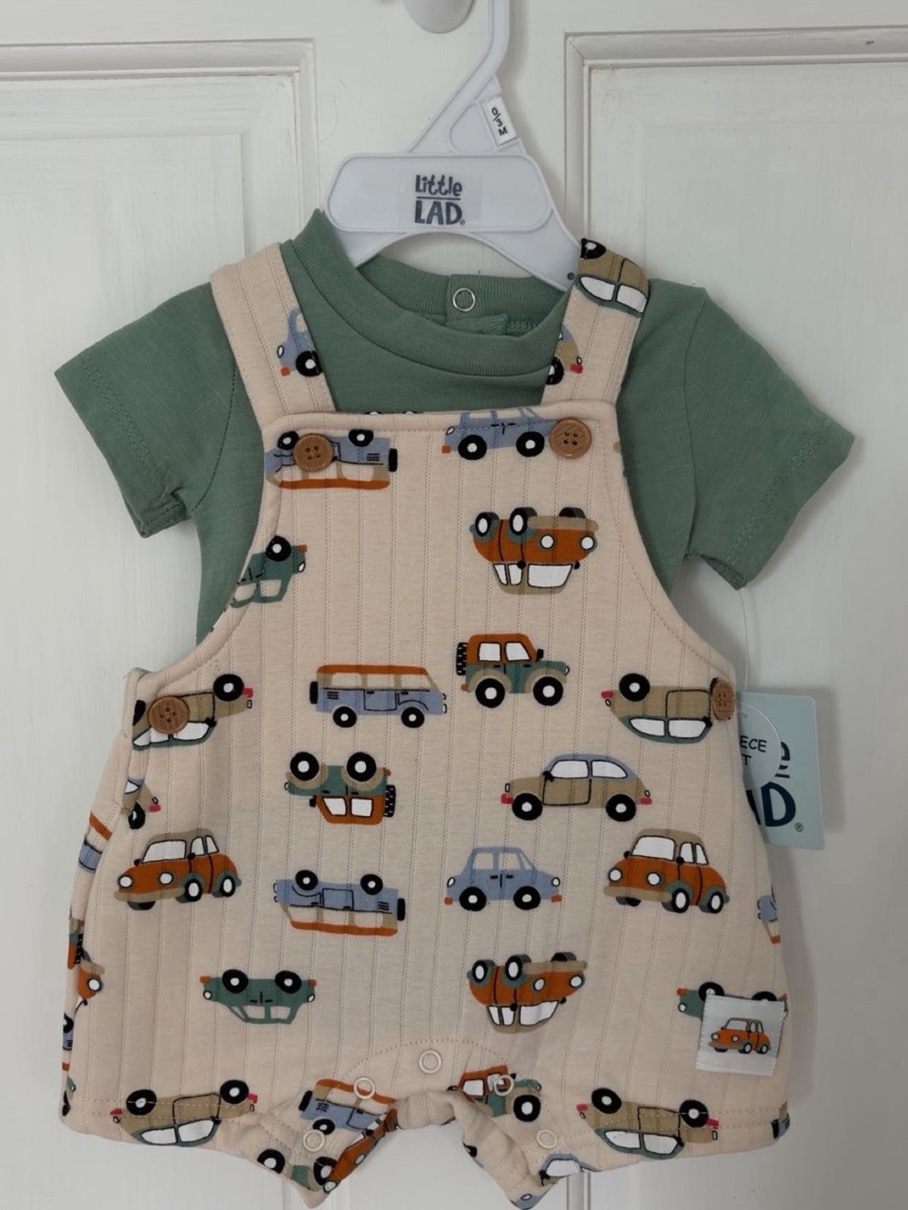 Little Lad Beige Car-Print Overall Set with Green Tee NWT